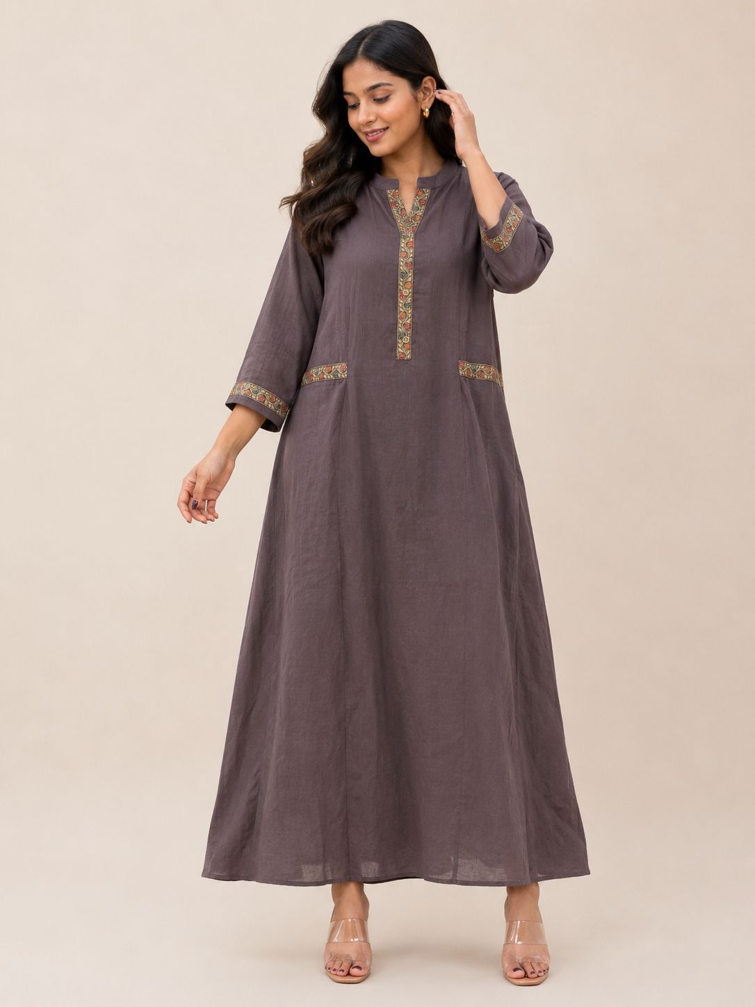 Women's Charcoal Grey Cotton Flared Ankle-Length Maxi Dress with Printed Trim Details