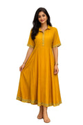 Women's Mustard Yellow Flared Ankle-Length Maxi Dress with Shirt Collar and Printed Borders