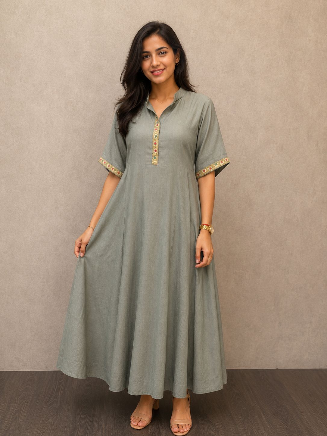 Women's Sage Green Cotton Flared Ankle-Length Maxi Dress with Embroidered Trim Details