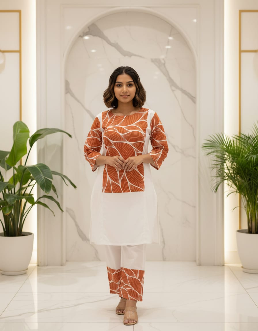 Women's White and Rust Orange Abstract Leaf Print Cotton Kurta with Matching Pants Set