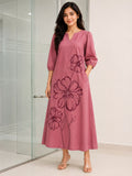 Women's Dusty Pink Cotton Flared Maxi Dress with Large Floral Outline Prints and Three-Quarter Sleeves
