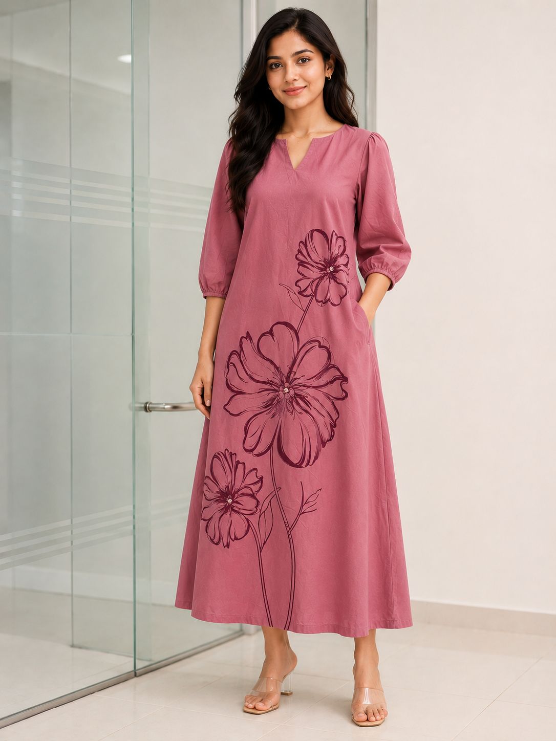 Women's Dusty Pink Cotton Flared Maxi Dress with Large Floral Outline Prints and Three-Quarter Sleeves