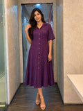 Women's Deep Purple Textured Cotton Front-Button A-Line Midi Dress with Shirt Collar