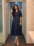 Women's Navy Blue Striped Cotton Front-Button A-Line Midi Dress with Shirt Collar