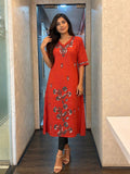 Women's Brick Red Floral Embroidered Cotton Straight Kurta with V-Neck and Half Sleeves