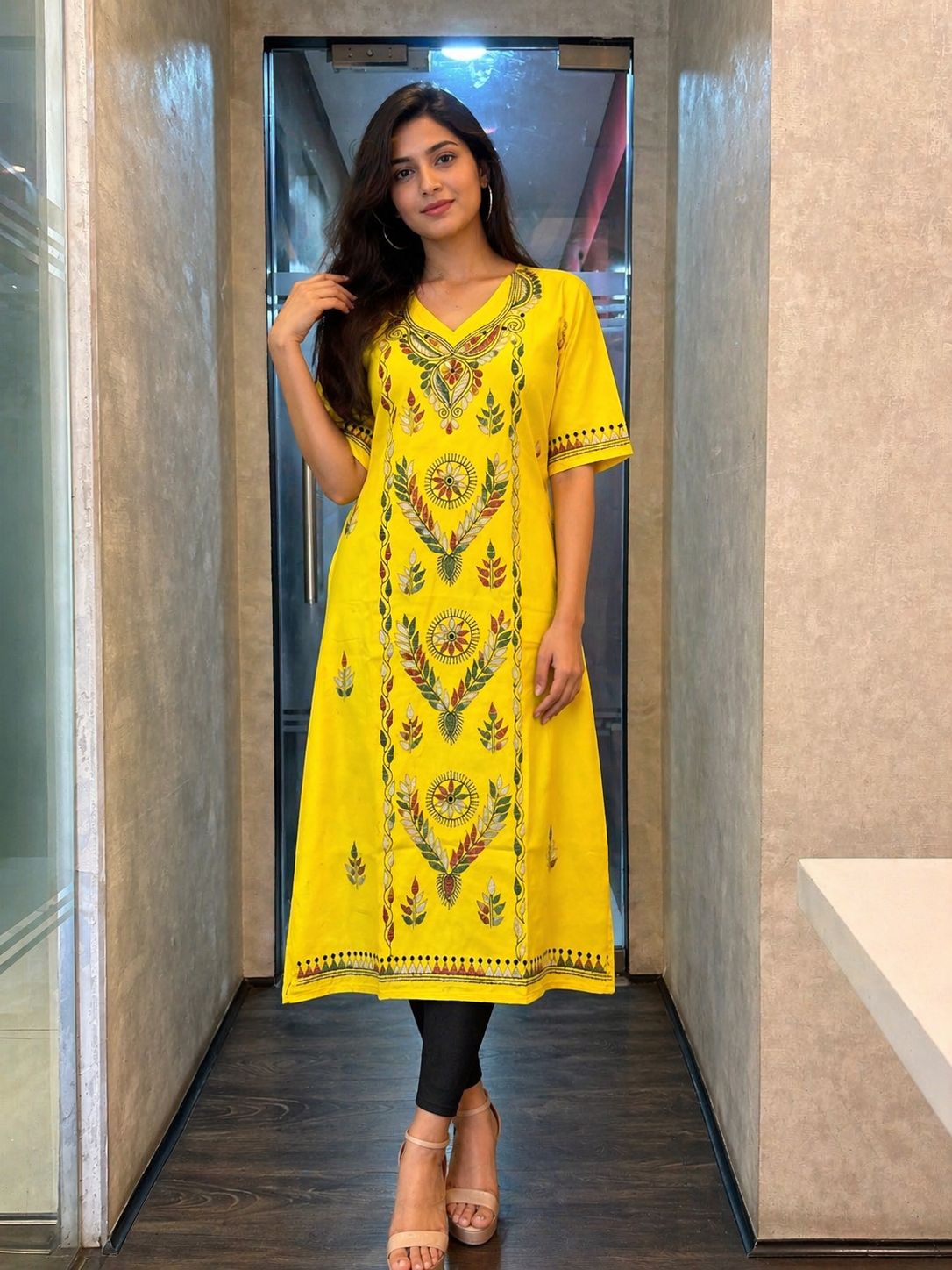 Women's Bright Yellow Kantha Embroidered Cotton Straight Kurta with V-Neck and Half Sleeves