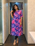 Women's Pink and Purple Floral Print Georgette Straight Kurta with Mandarin Collar and Half Sleeves
