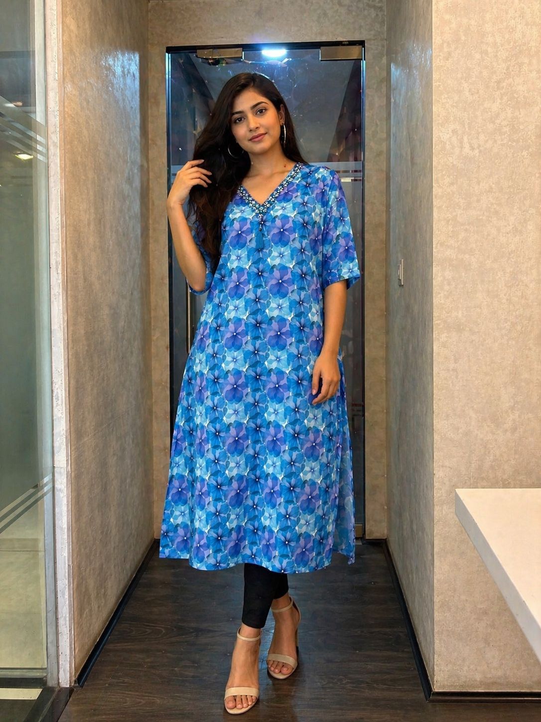 Women's Blue Floral Print Georgette Flared Kurta with V-Neck and Half Sleeves