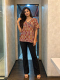 Women's Maroon and Mustard Yellow Kalamkari Print Cotton Angrakha Tunic Shirt with Overlapping V-Neck and Half Sleeves