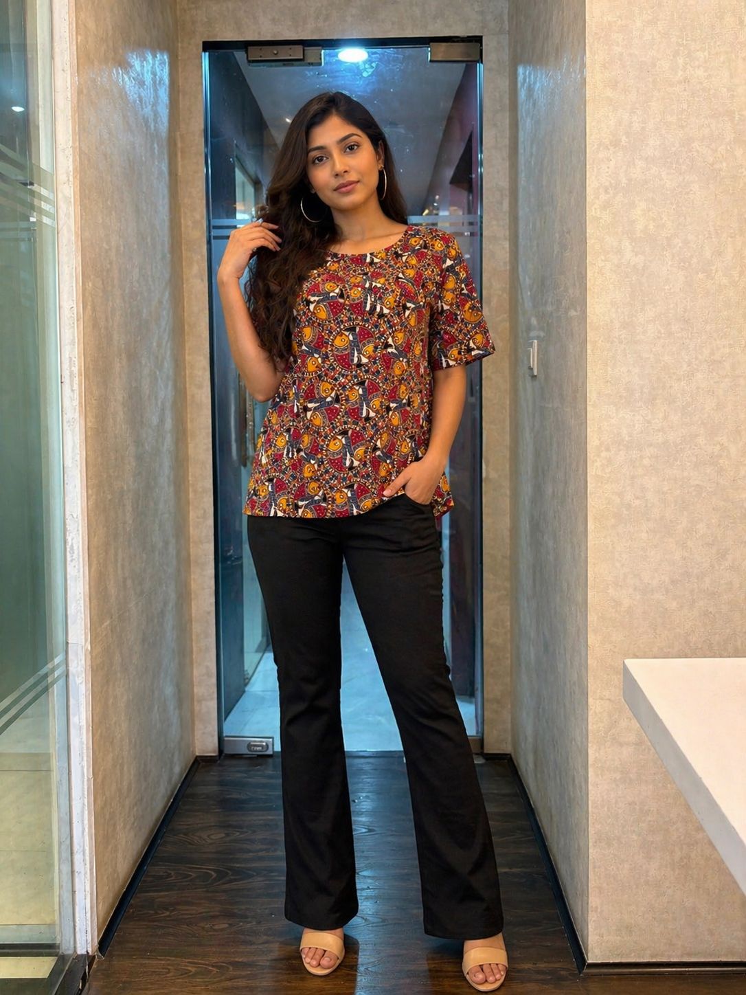 Women's Maroon and Mustard Yellow Kalamkari Print Cotton Tunic Top with Round Neck and Half Sleeves