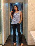 Women's White and Indigo Blue Leaf Block Print Cotton Sleeveless Tunic Top with Round Neck