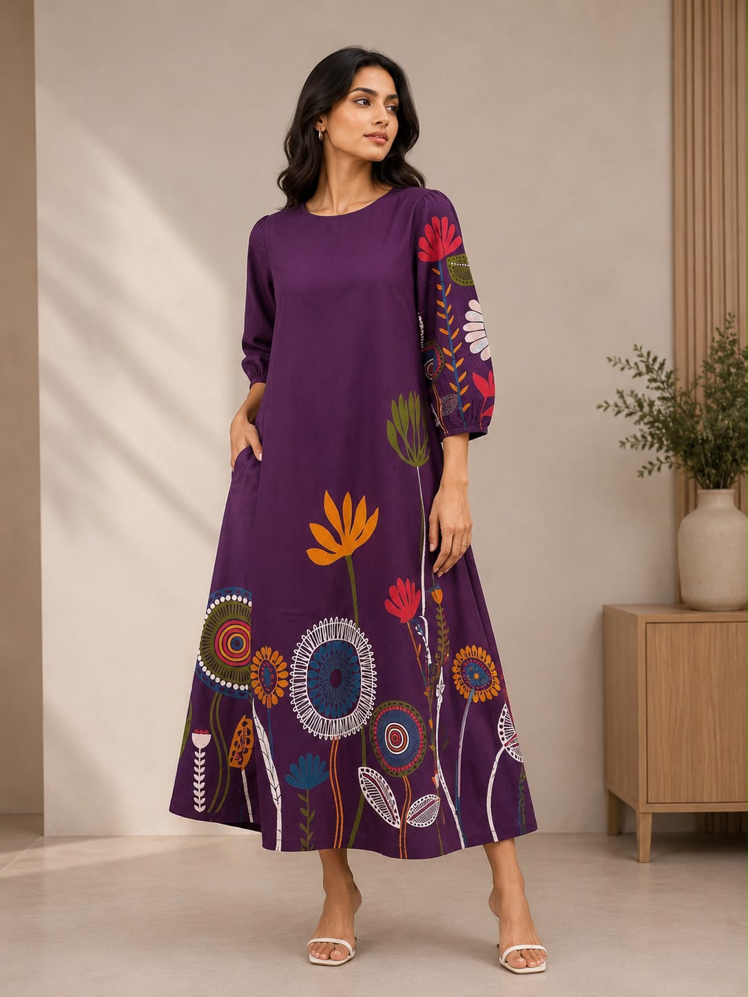 Skip M Women's purple Floral Print A-Line Maxi Dress