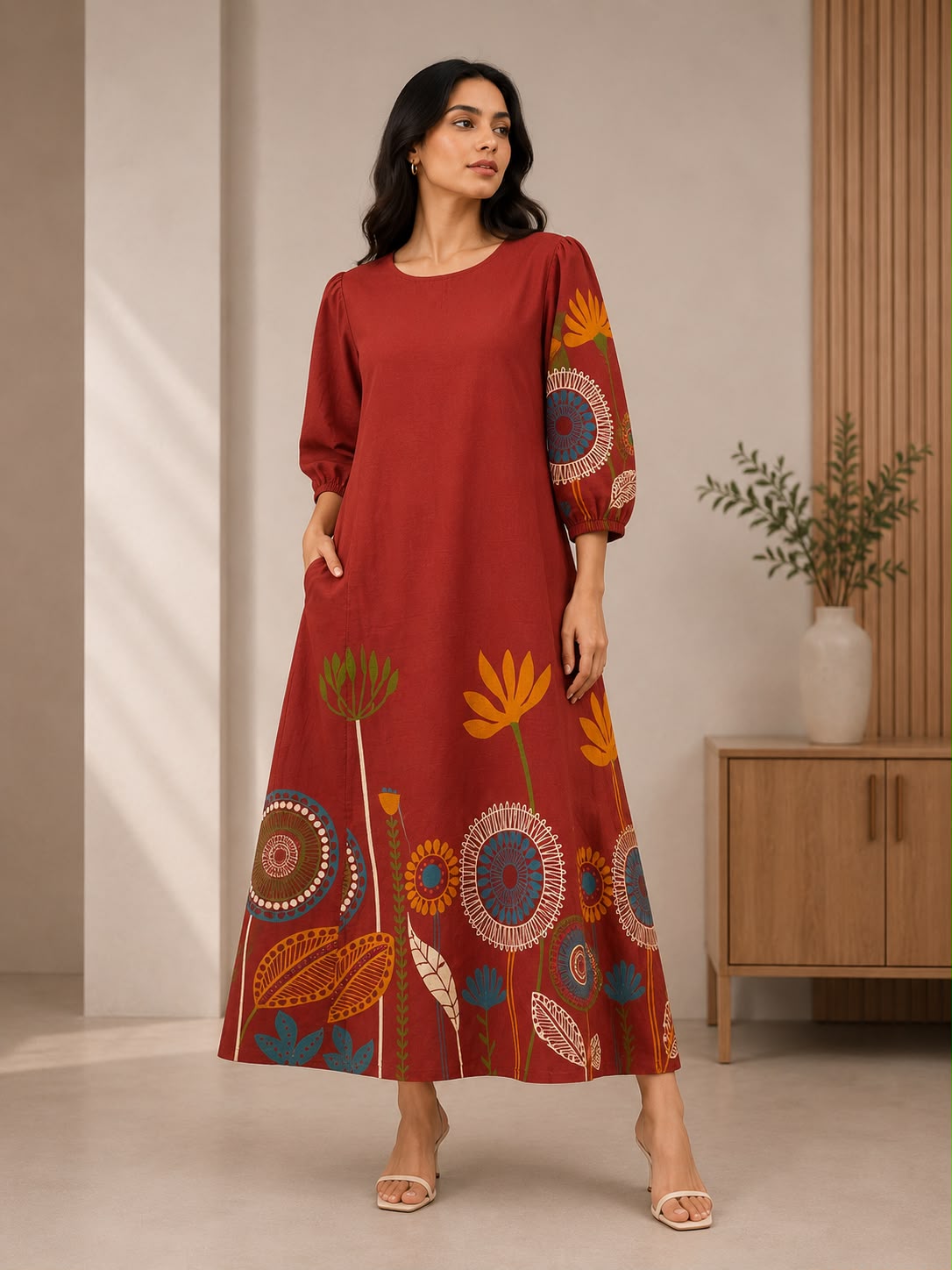 Skip M Women's Rust Red Floral Print A-Line Maxi Dress