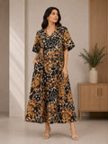 Skip M Women's Black & Gold Baroque Print Shirt Collar Maxi Dress
