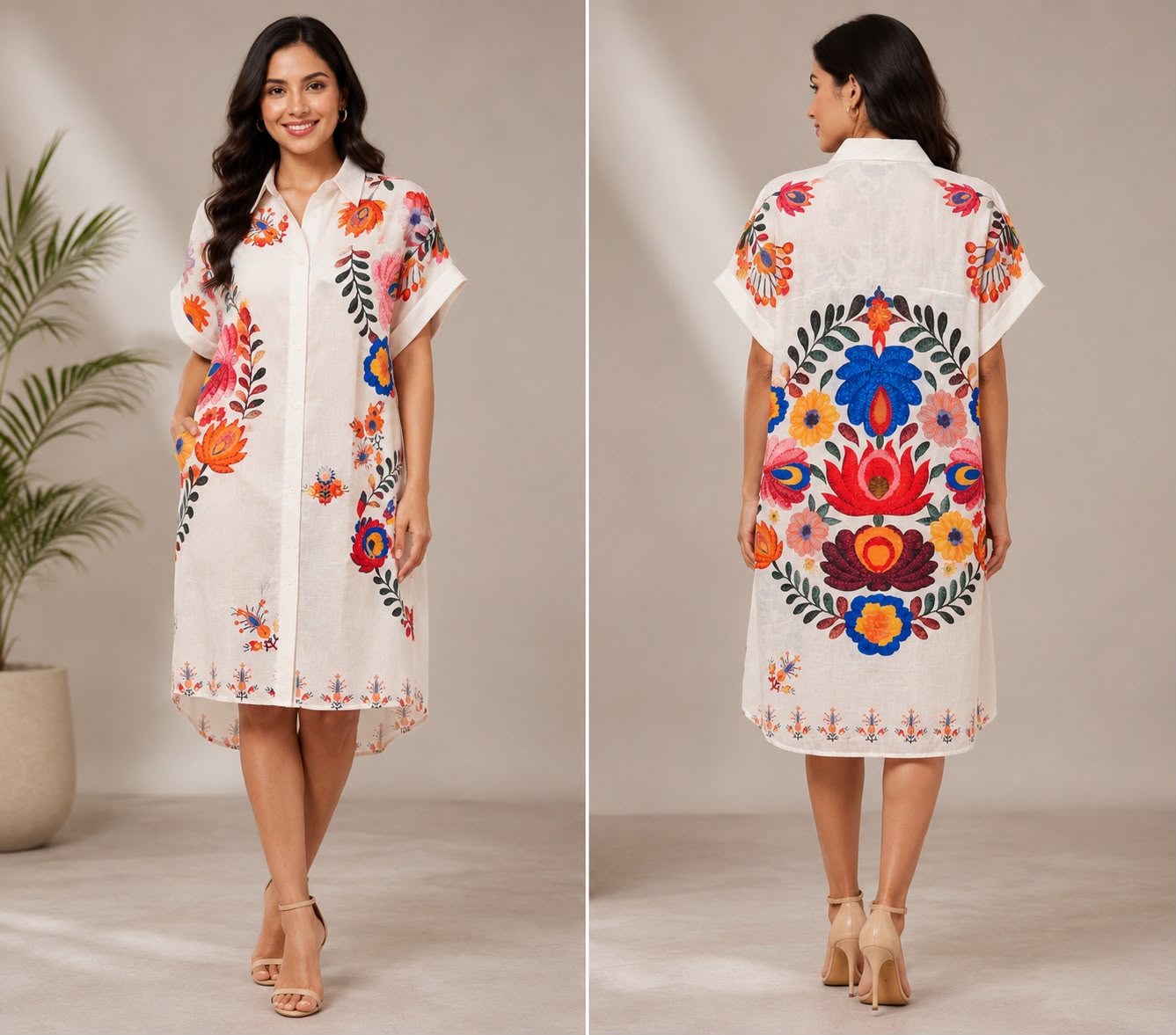White Floral Printed Cotton Shirt Dress for Women | Skip M Family Fashion