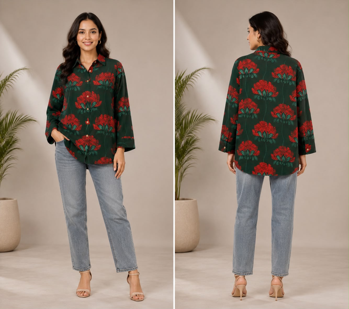 Dark Green Floral Printed Cotton Shirt for Women | Skip M Family Fashion