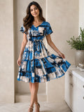 Women's Blue Abstract Print Tiered Fit & Flare Dress