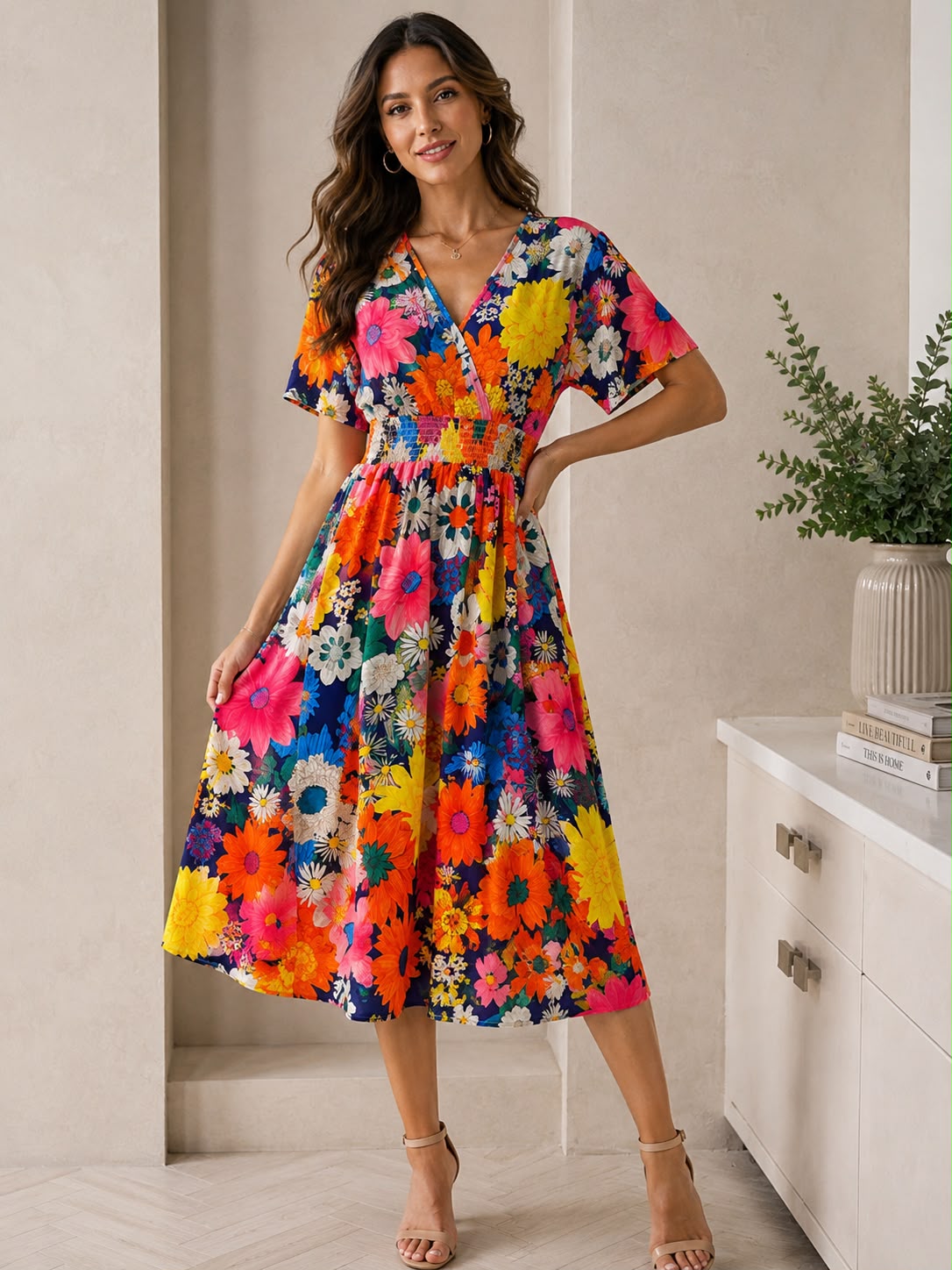 Women's Multicolor Floral Print Smocked Waist Midi Dress
