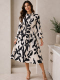 Women's Black & White Botanical Print High-Neck Midi Dress