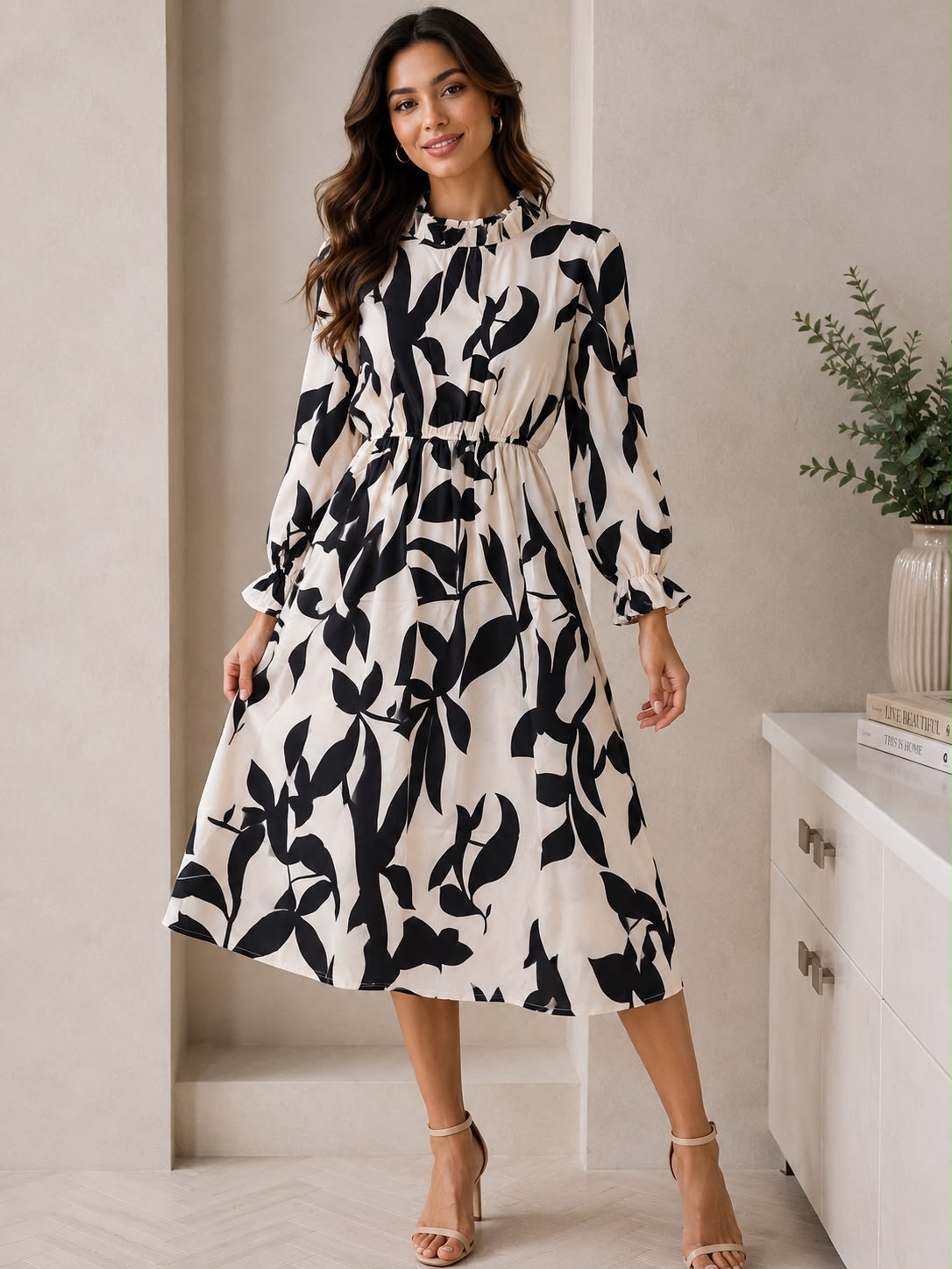 Women's Black & White Botanical Print High-Neck Midi Dress