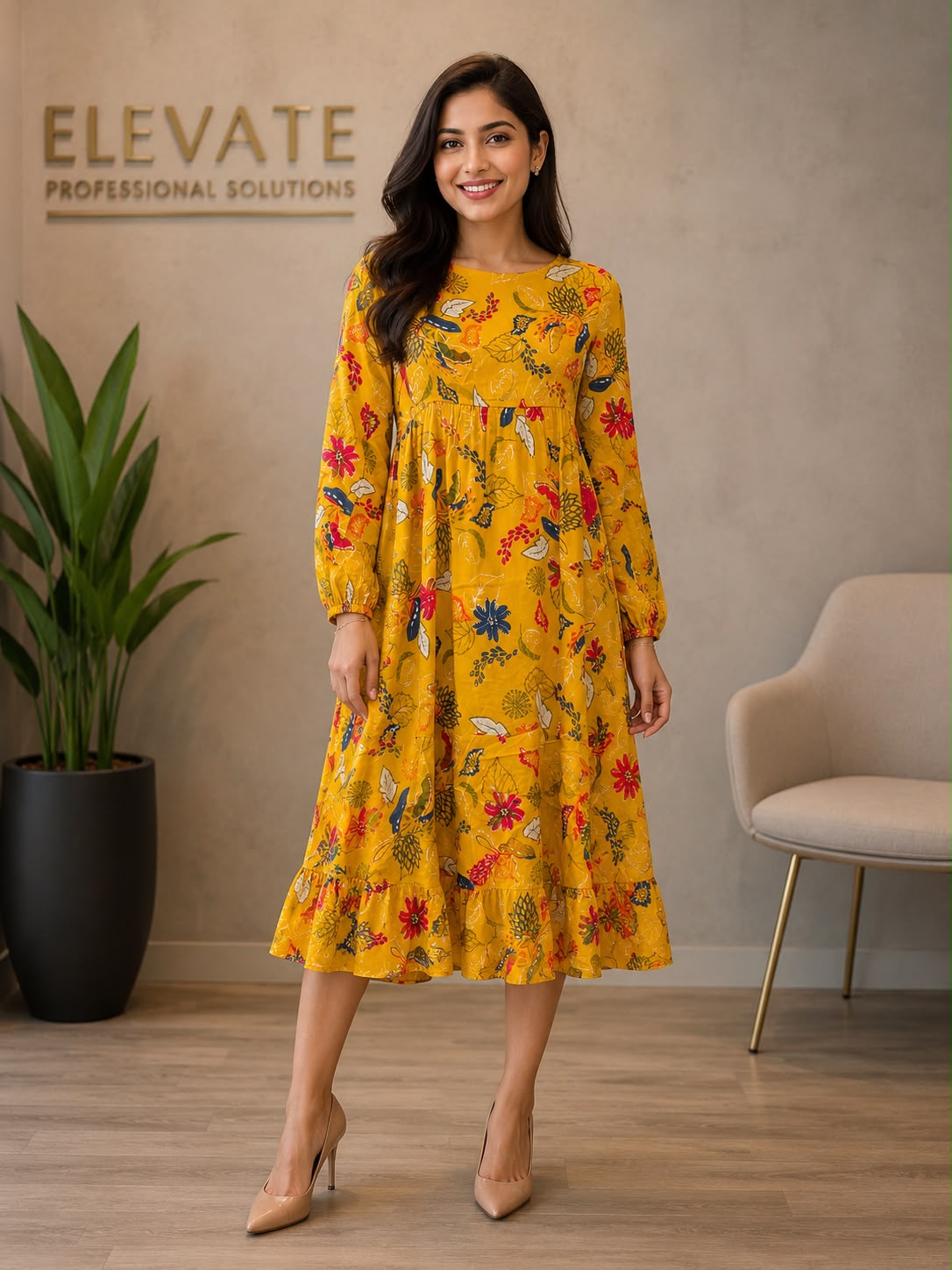 Women's Mustard Yellow Floral Print Tiered Midi Dress