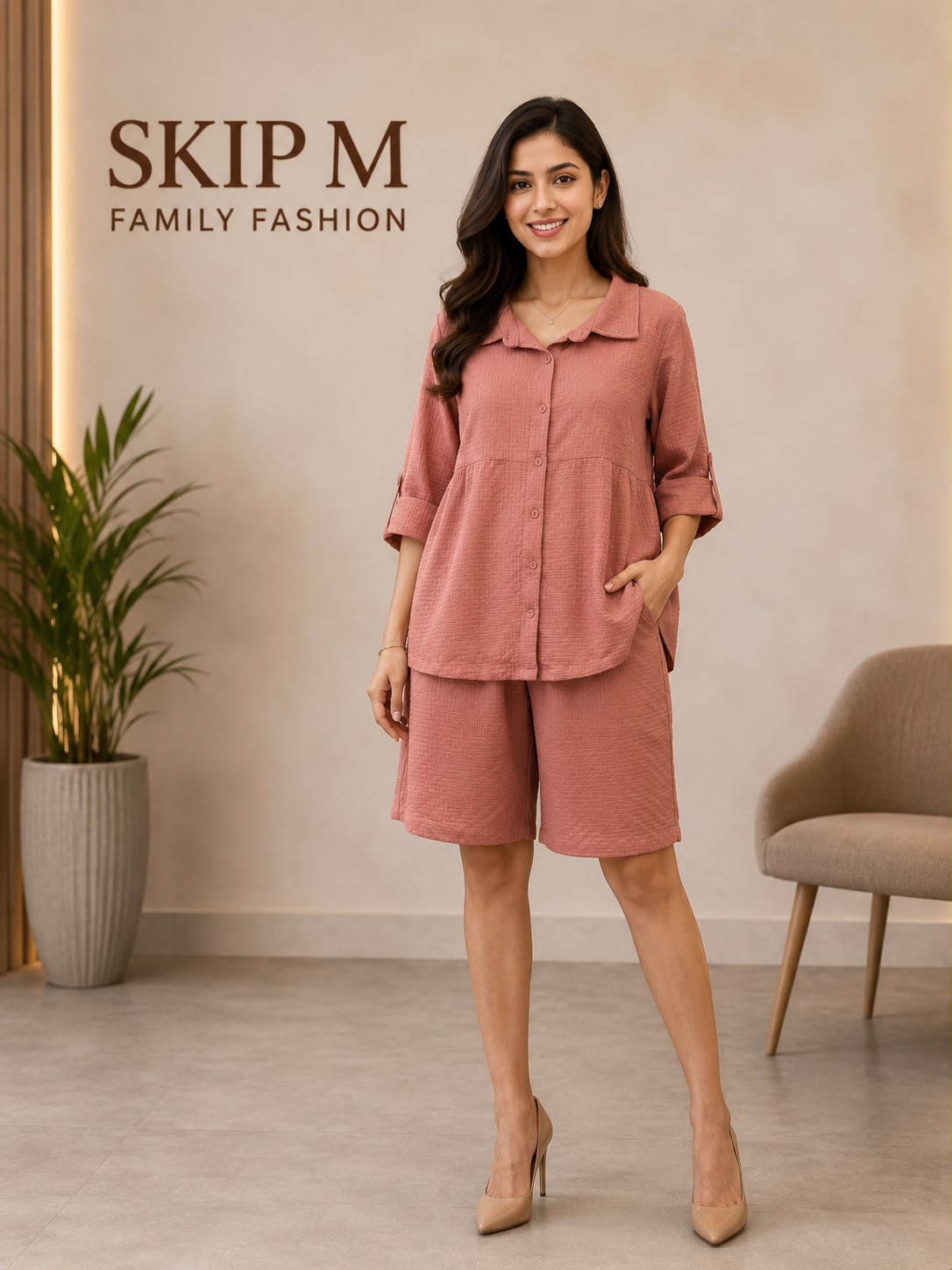 Dusty Rose Textured Co-Ord Lounge Set for Women | Skip M