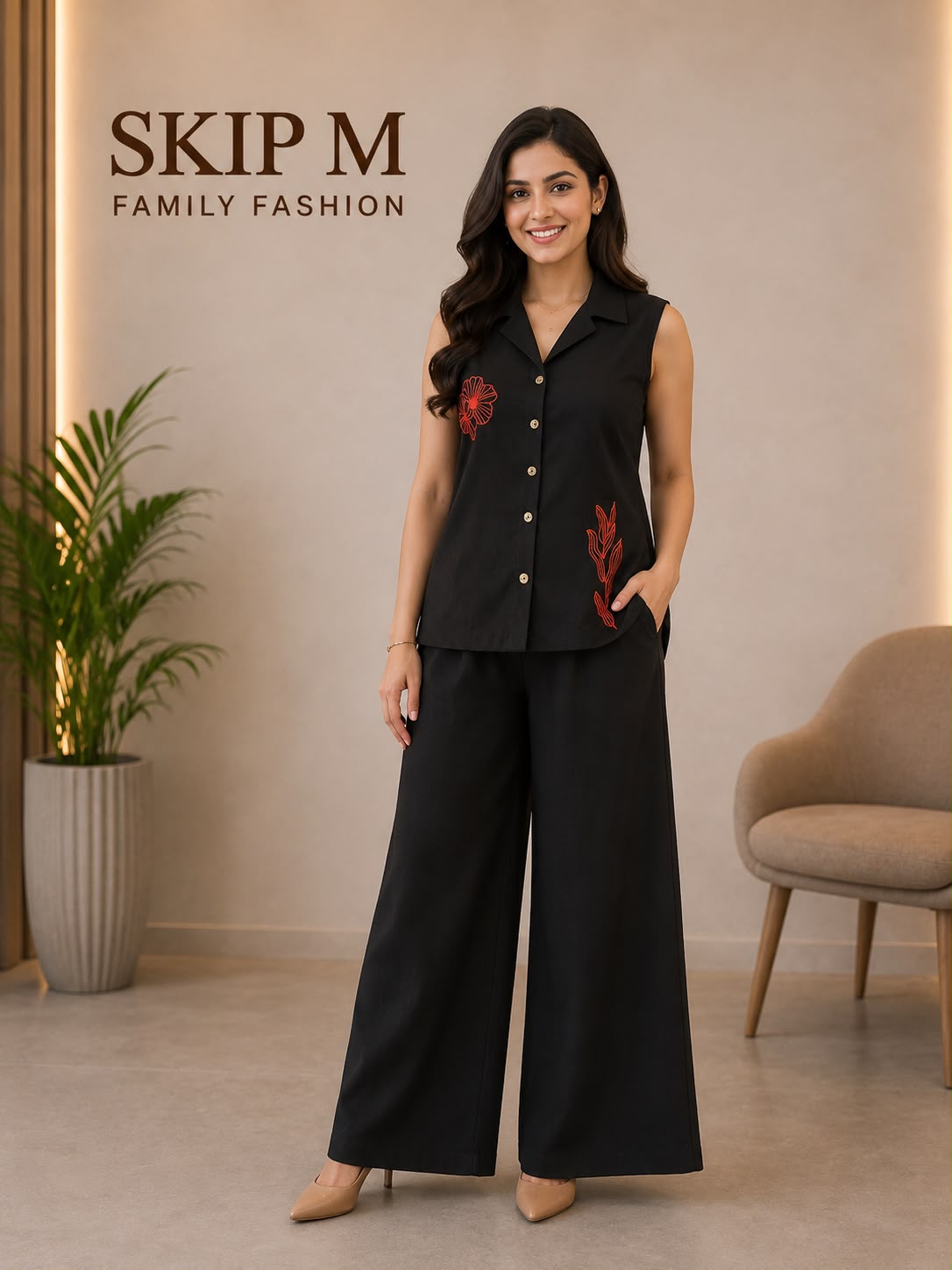 Black Floral Embroidered Sleeveless Co-Ord Set for Women | Skip M