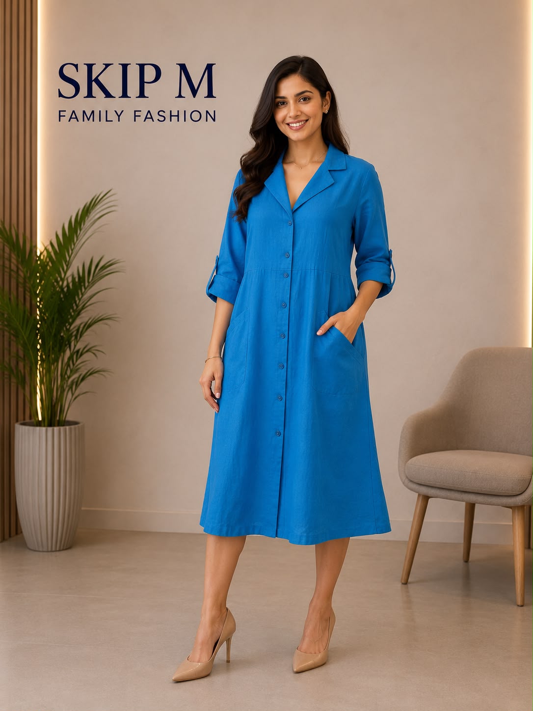 Royal Blue Button-Down Midi Dress for Women | Skip M