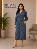 Steel Blue Wrap Style Midi Dress for Women | Skip M