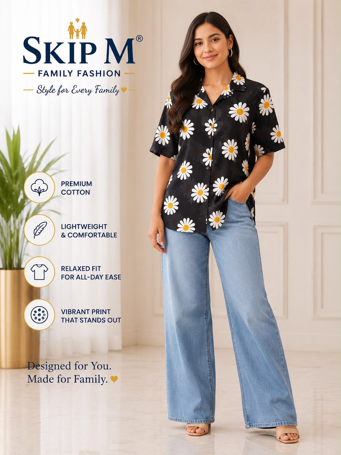 Black Daisy Floral Print Cotton Casual Shirt for Women | Skip M