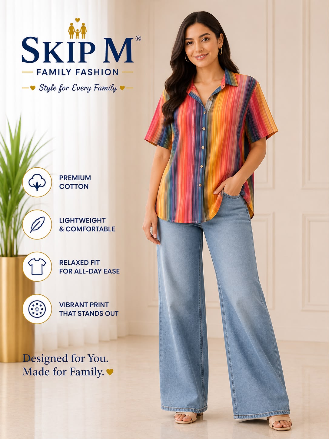 Skip M Women's Premium Cotton Rainbow Stripe Relaxed Fit Shirt