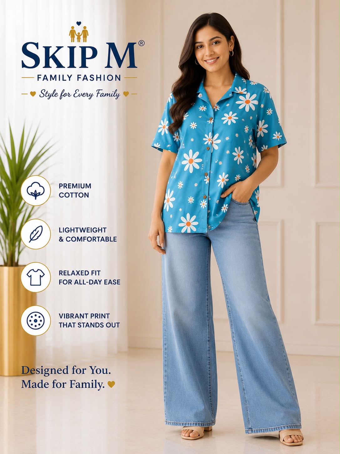 Skip M Women's Premium Cotton Daisy Bloom Relaxed Fit Shirt