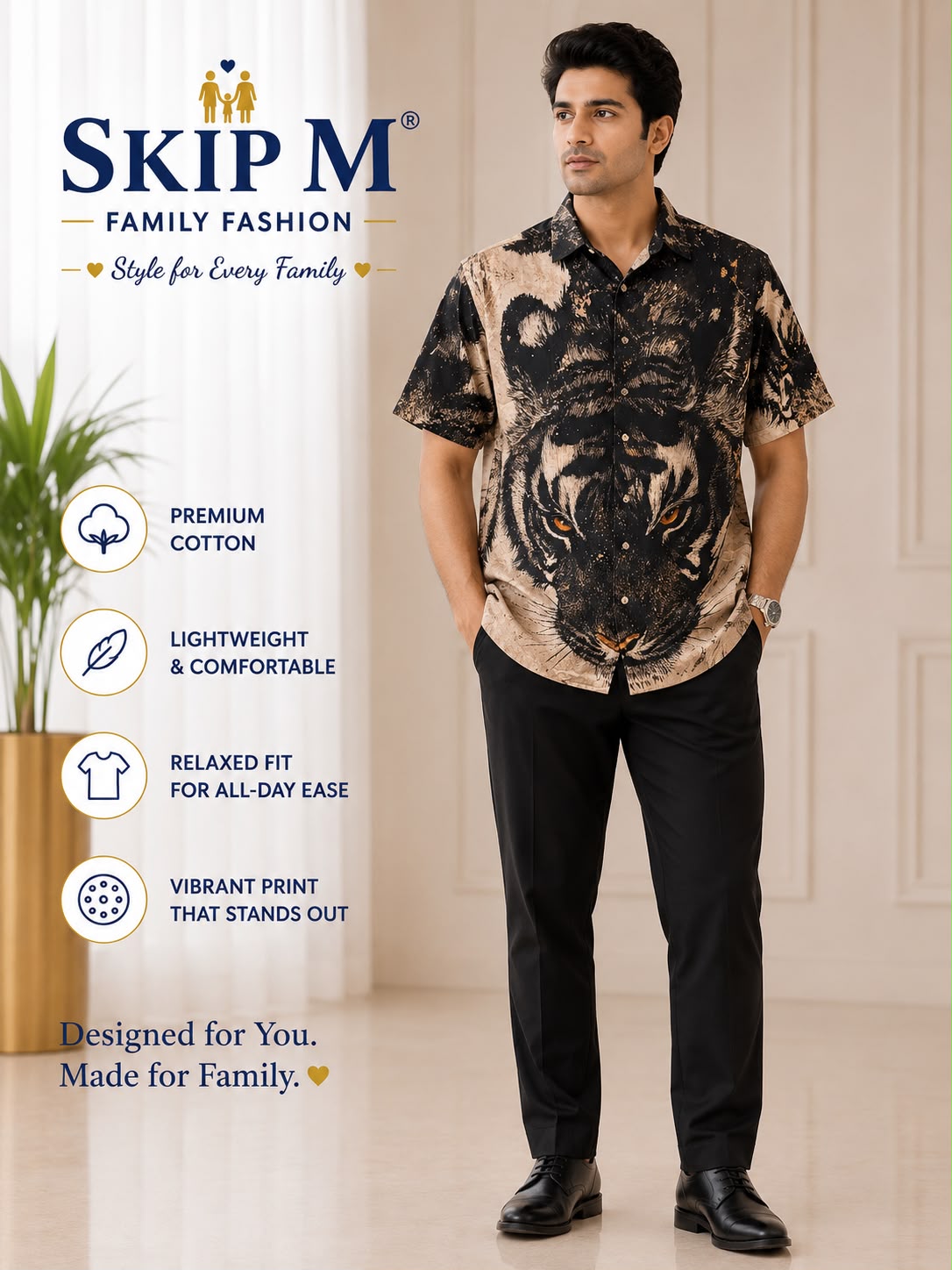 Skip M Men's Premium Cotton Wild Tiger Graphic Relaxed Fit Shirt