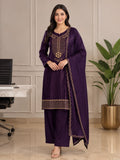 Skip M Women's Royal Purple Embroidered Kurta Pant & Dupatta Set