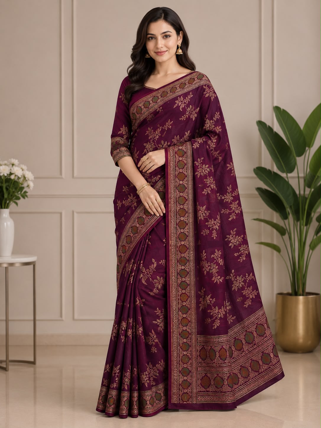 Majestic Wine Floral Woven Saree