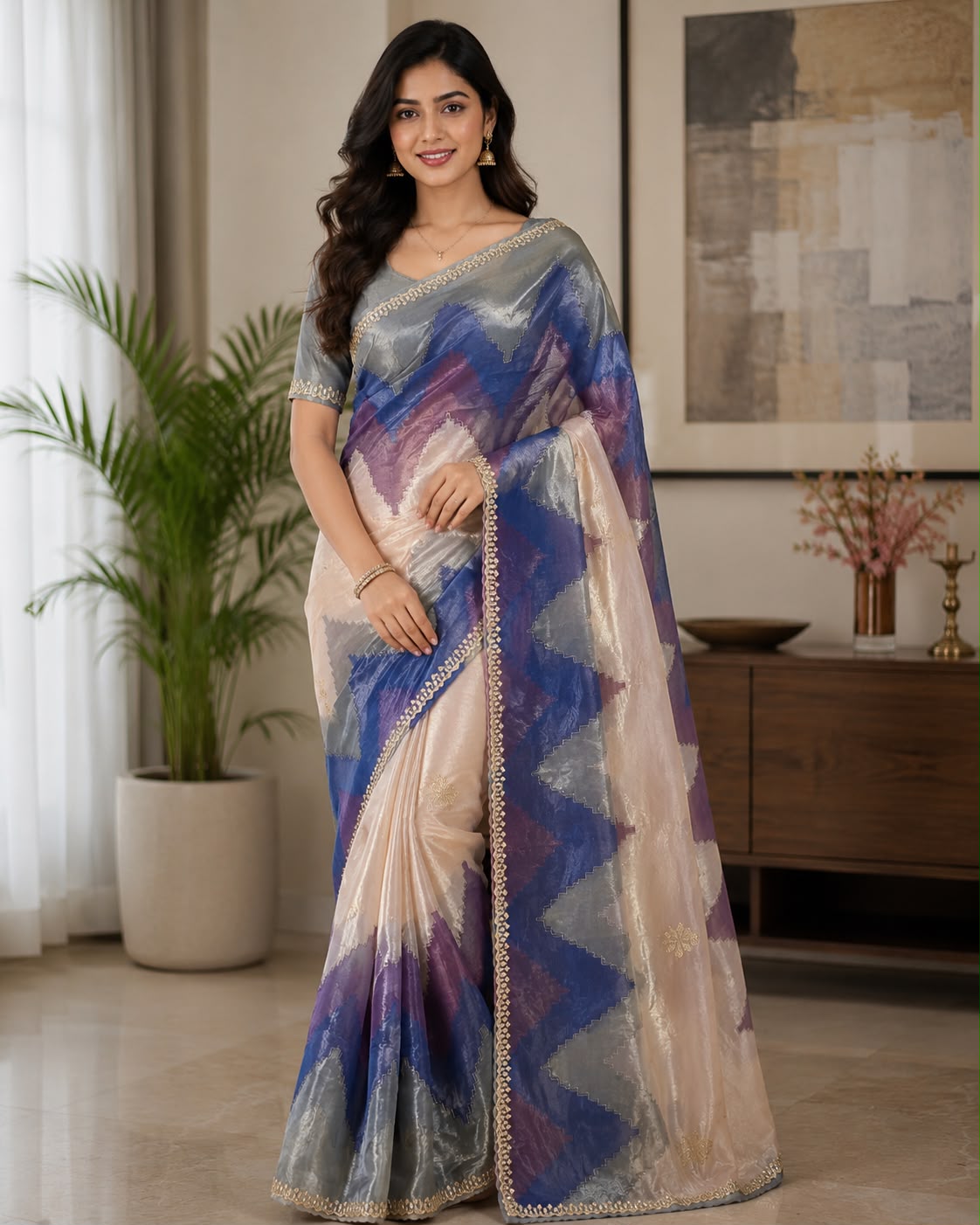 Ivory Mist Chevron Silk Saree