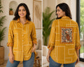 Skip M Women's Mustard Peacock Art Geometric Print Longline Shirt
