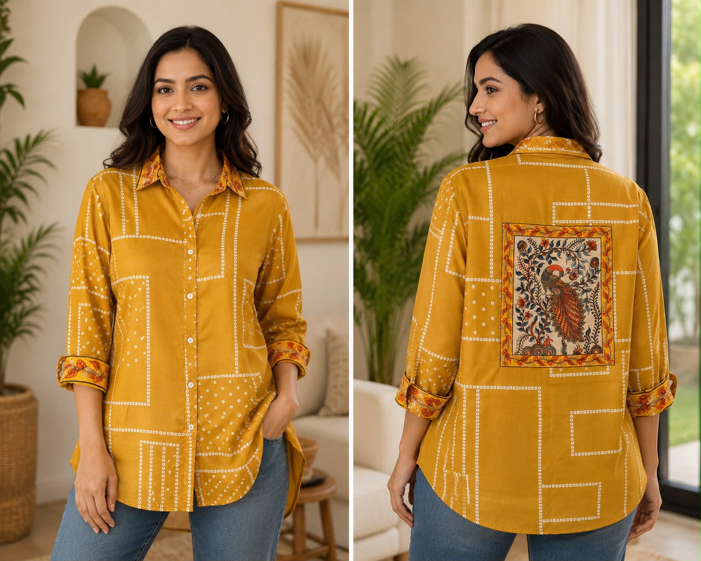 Skip M Women's Mustard Peacock Art Geometric Print Longline Shirt