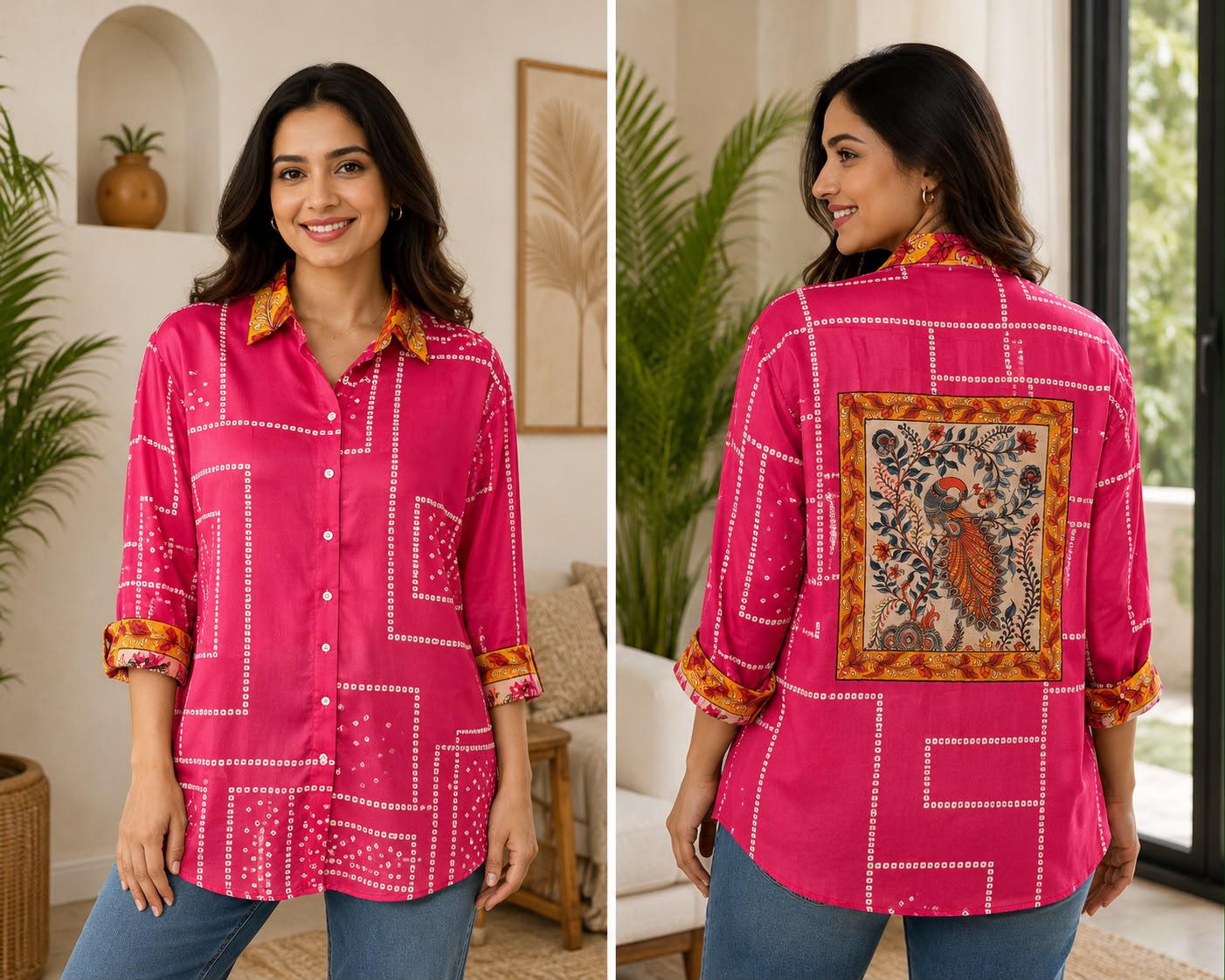 Fuchsia Peacock Art Print Casual Shirt