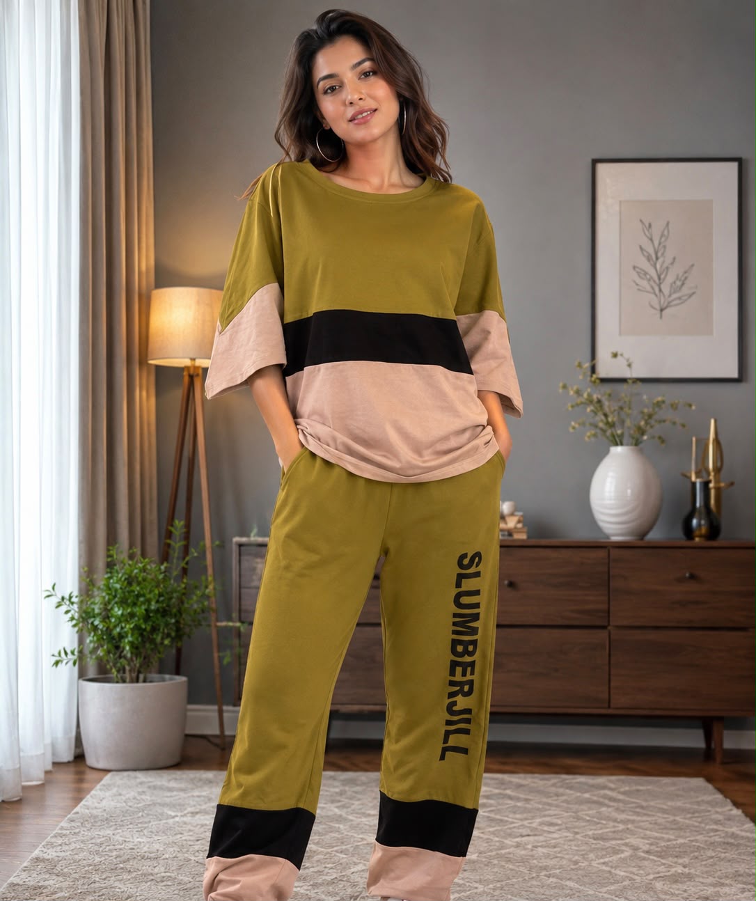 Skip M Women's Olive Green Color block Lounge Co-Ord Set