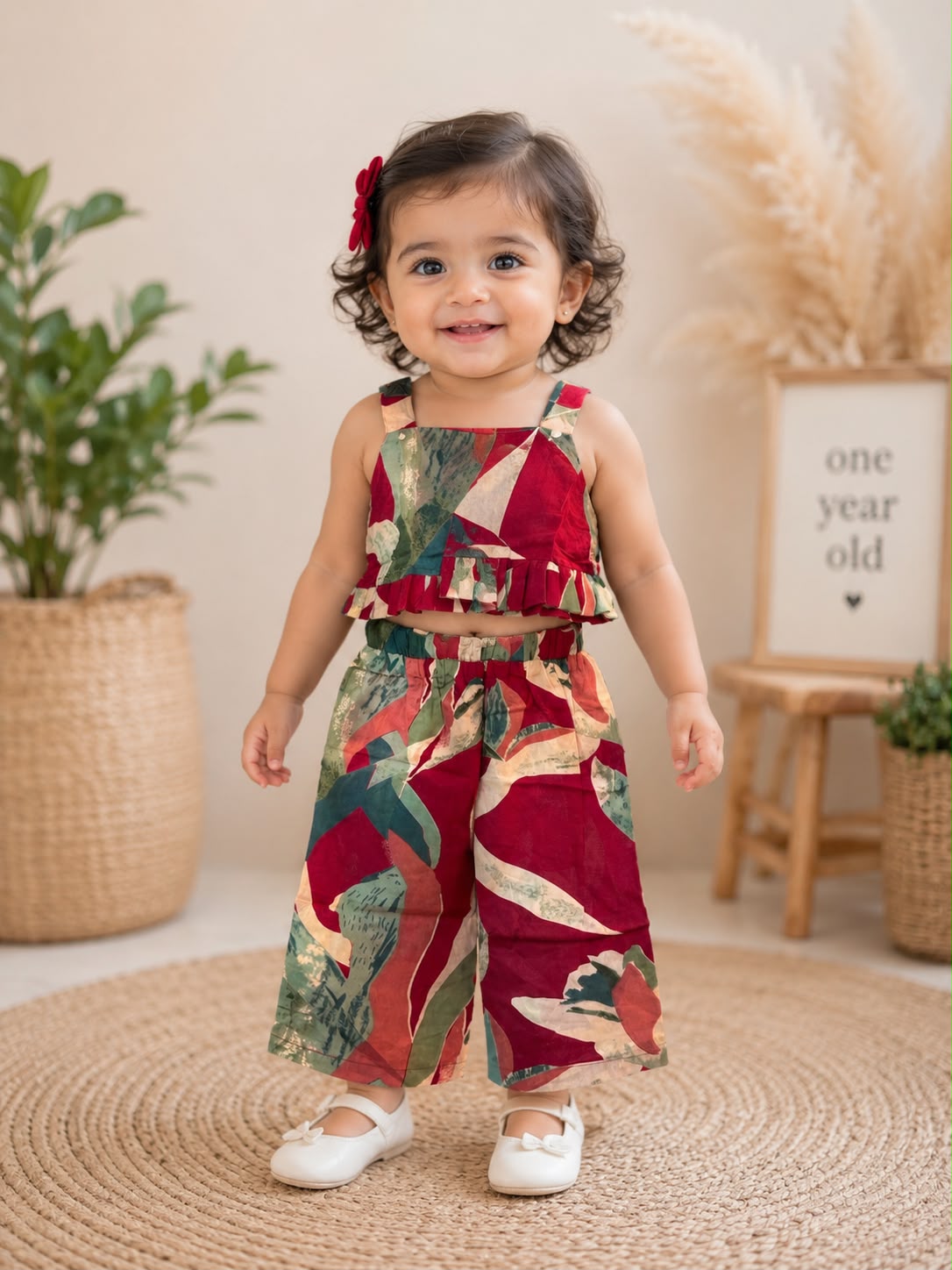 Baby Girls Tropical Print Ruffle Crop Top & Palazzo Co-Ord Set