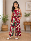 Girls Tropical Print Ruffle Crop Top & Wide Leg Palazzo Co-Ord Set