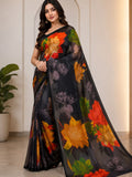 Women's Black Floral Print Organza Saree