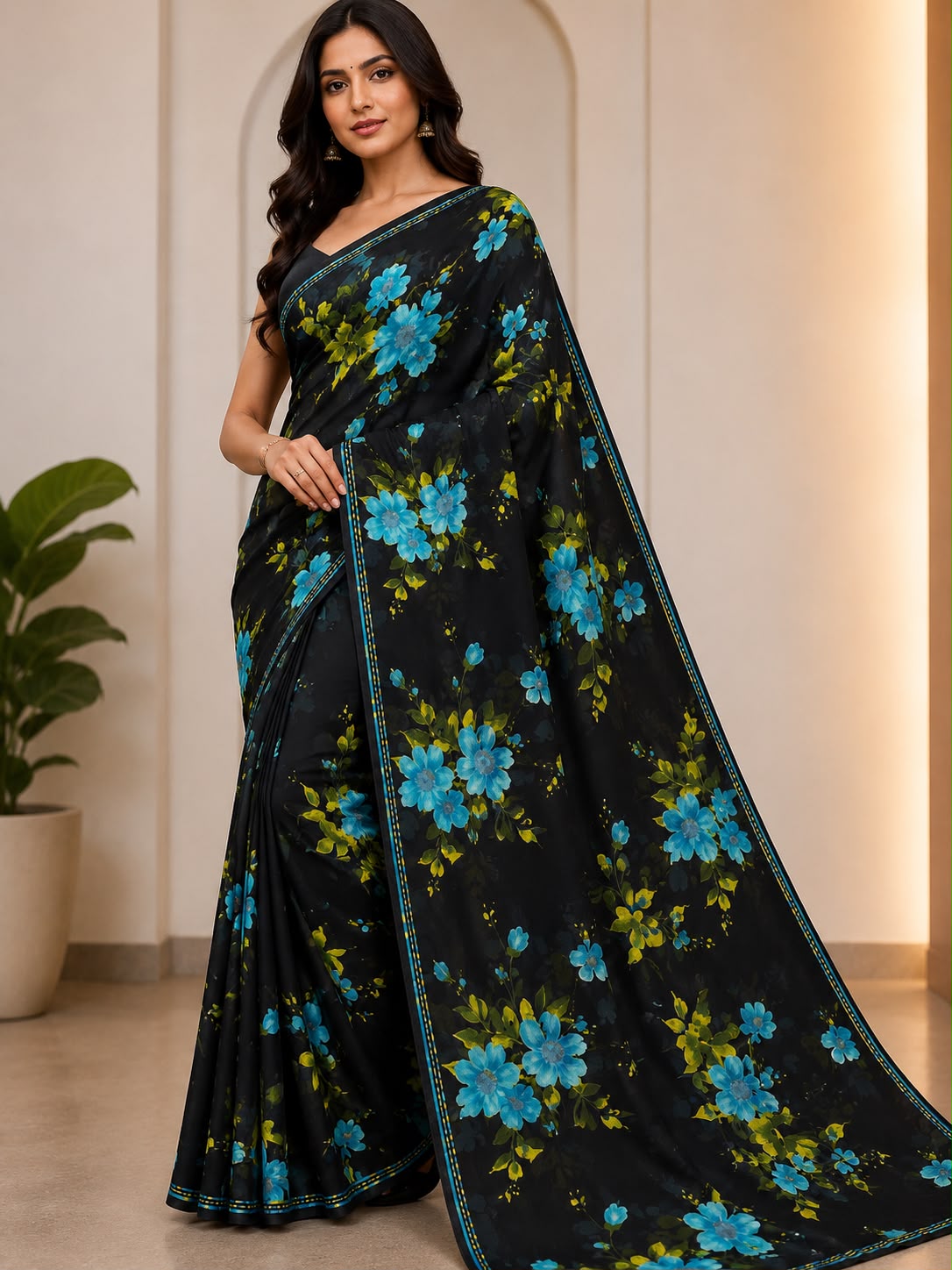 Women's Black & Blue Floral Print Saree