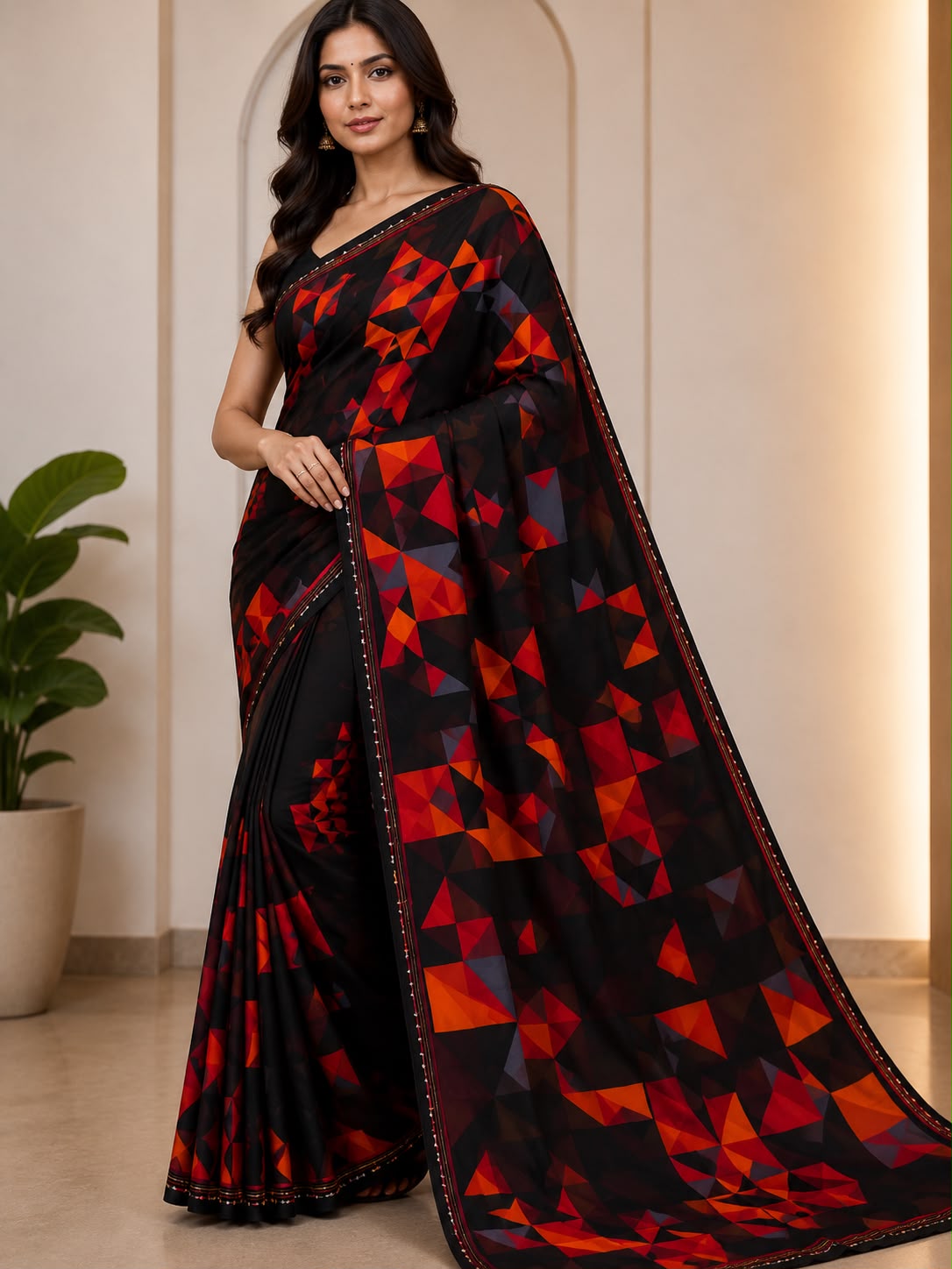 Women's Black & Red Print Saree