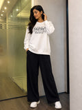 Women's White Graphic Print Sweatshirt with Black Wide-Leg Pants Co-Ord Set
