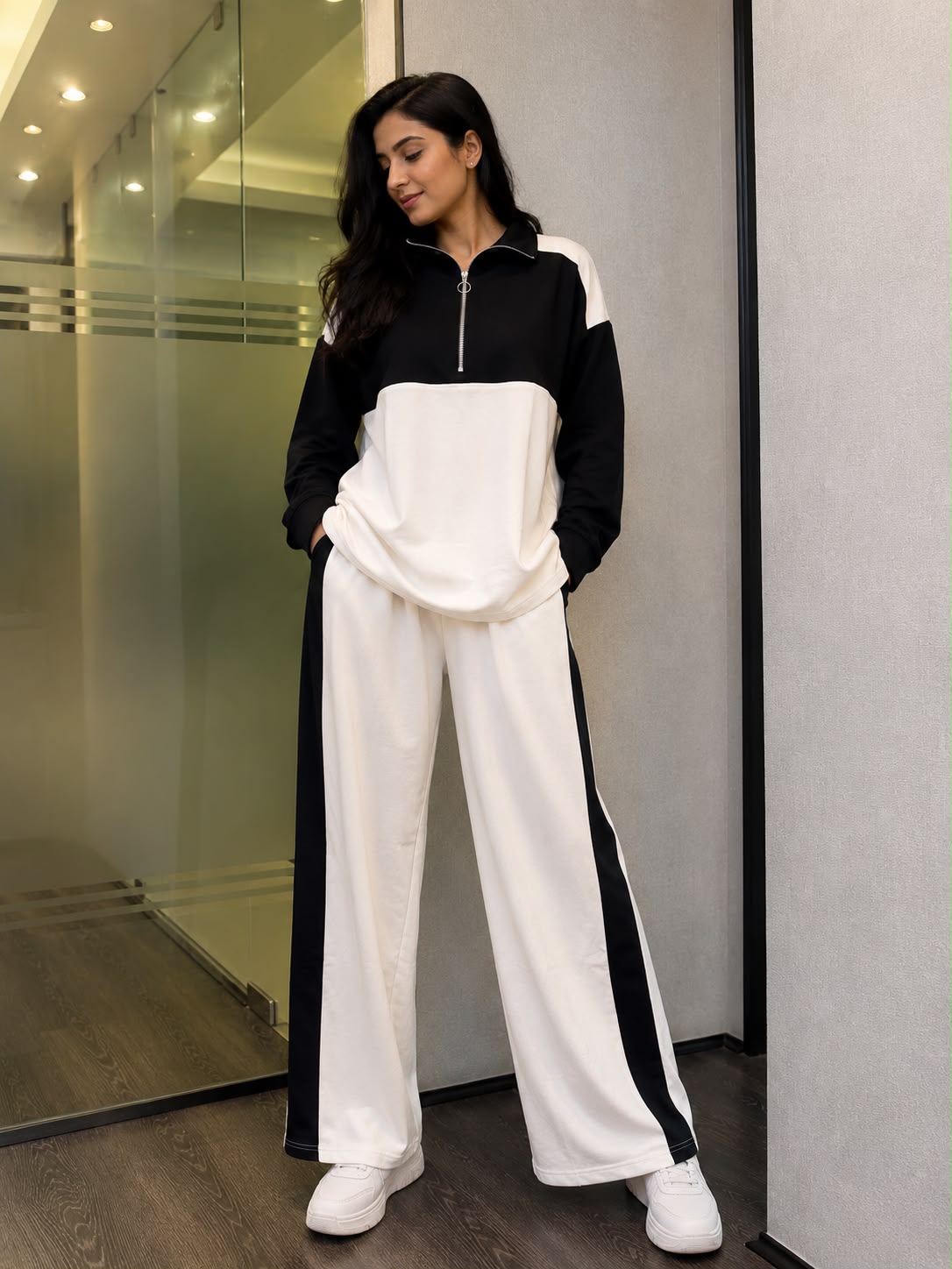 Women's White Graphic Print Sweatshirt with Black Wide-Leg Pants Co-Ord Set