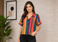 Women's Multicolor Vertical Stripe Collared Shirt Top