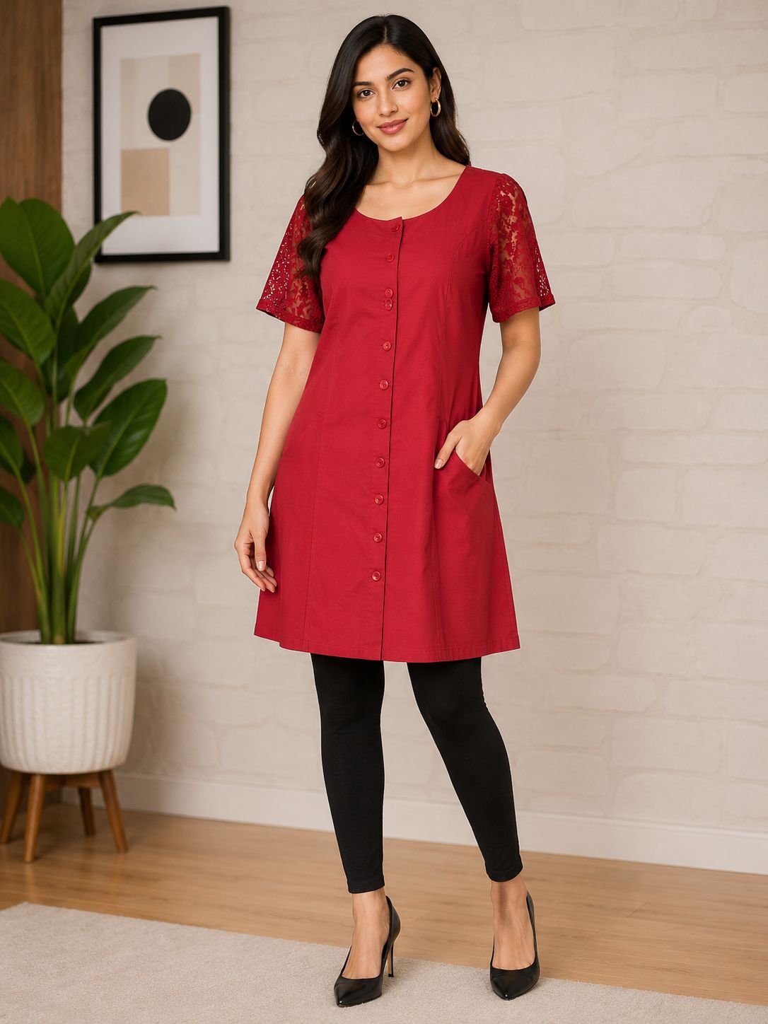 Women's Elegant Red Button-Front A-Line Tunic Dress