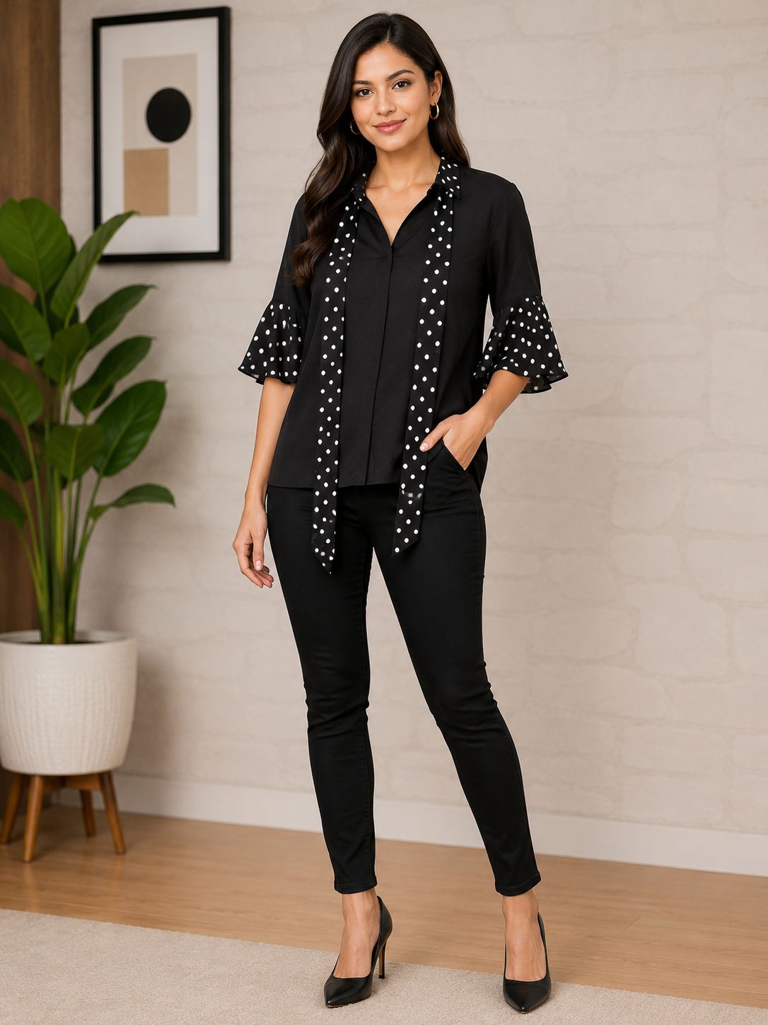 Women's Polka Dot Tie-Neck Ruffle Sleeve Casual Blouse